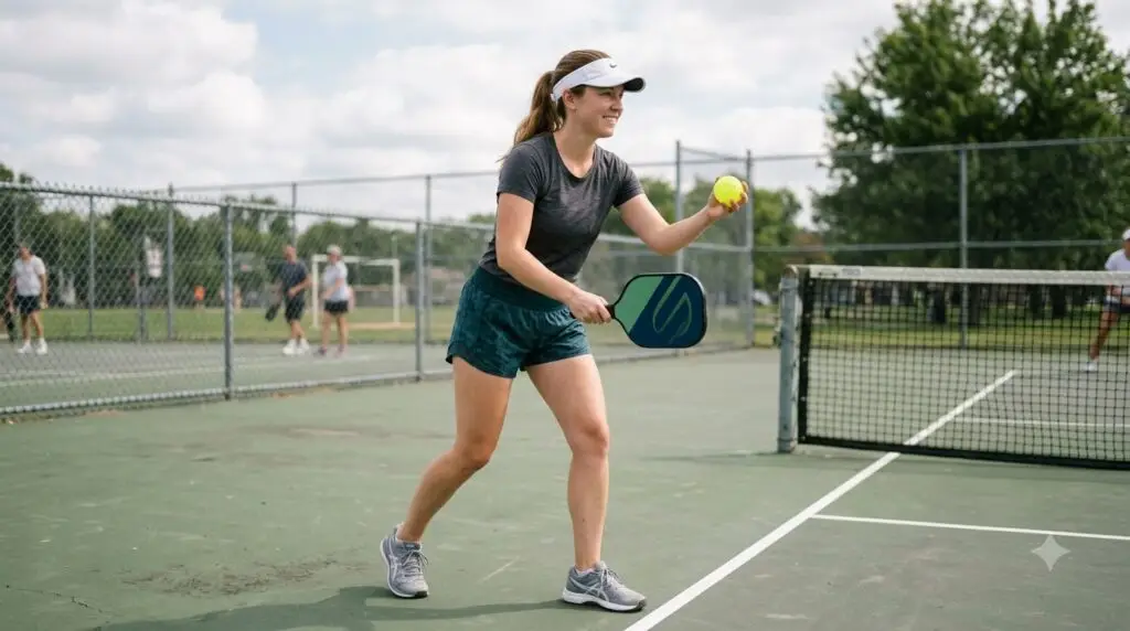 Beginner pickleball players playing open play doubles at an indoor court in Tampa